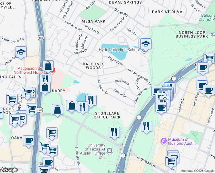 map of restaurants, bars, coffee shops, grocery stores, and more near 4103 Galacia Drive in Austin