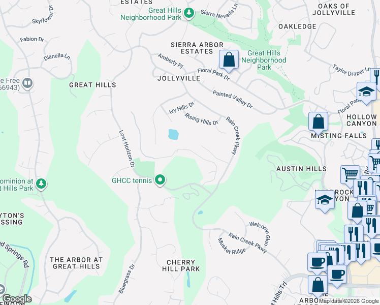 map of restaurants, bars, coffee shops, grocery stores, and more near 5813 Misty Hill Cove in Austin
