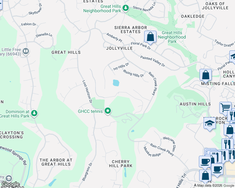 map of restaurants, bars, coffee shops, grocery stores, and more near 5813 Misty Hill Cove in Austin
