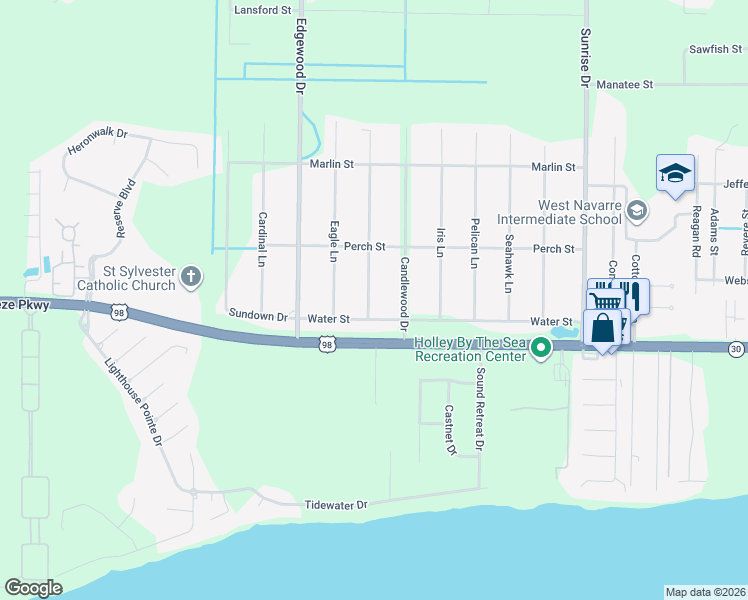 map of restaurants, bars, coffee shops, grocery stores, and more near 1830 Flamingo Lane in Navarre