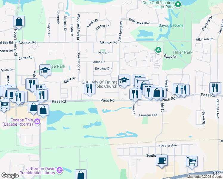 map of restaurants, bars, coffee shops, grocery stores, and more near 2120 Enterprise Drive in Biloxi