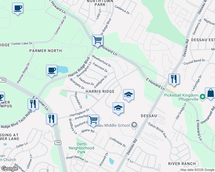 map of restaurants, bars, coffee shops, grocery stores, and more near 13115 Rochester Lane in Austin