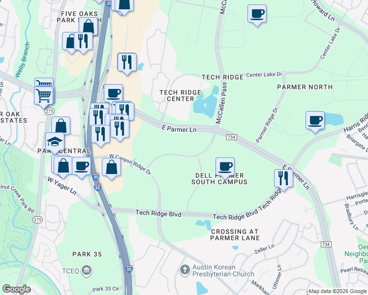 map of restaurants, bars, coffee shops, grocery stores, and more near 12600 McCallen Pass in Austin