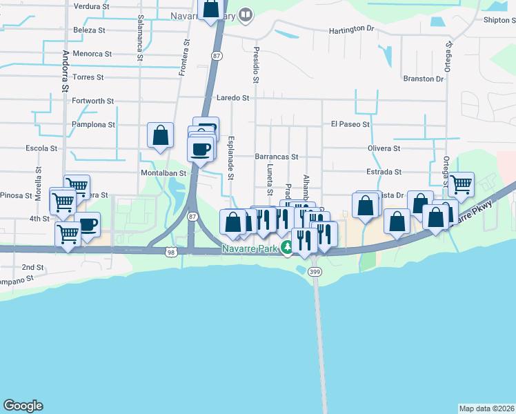 map of restaurants, bars, coffee shops, grocery stores, and more near 8514 Esplanade Street East in Navarre