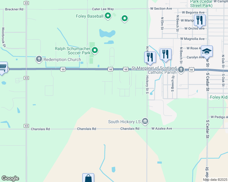 map of restaurants, bars, coffee shops, grocery stores, and more near 12304 John Arthur Drive in Foley