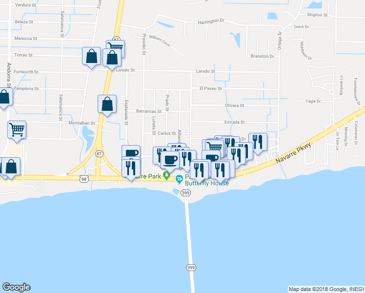 map of restaurants, bars, coffee shops, grocery stores, and more near 1862 Alhambra Street in Navarre