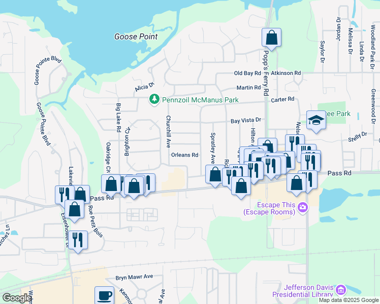 map of restaurants, bars, coffee shops, grocery stores, and more near 2515 Orleans Rd in Biloxi