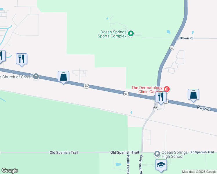 map of restaurants, bars, coffee shops, grocery stores, and more near 7010 US 90 in Ocean Springs