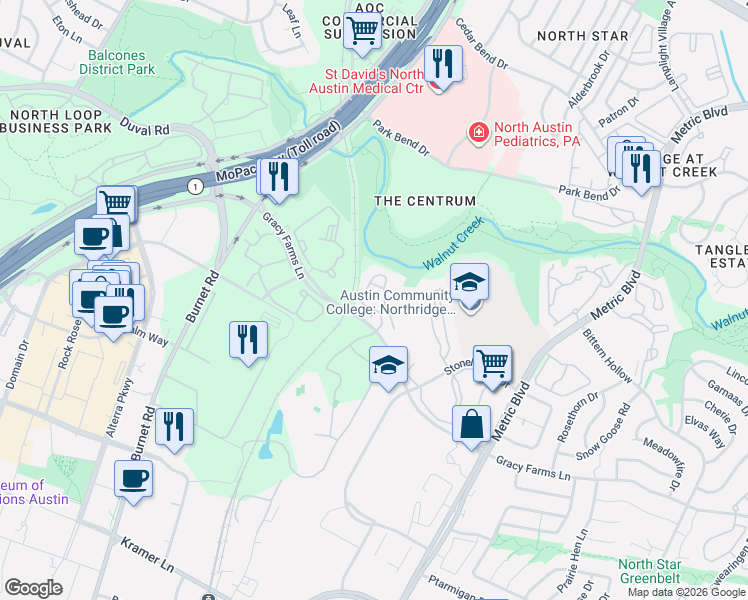 map of restaurants, bars, coffee shops, grocery stores, and more near 2320 Gracy Farms Lane in Austin