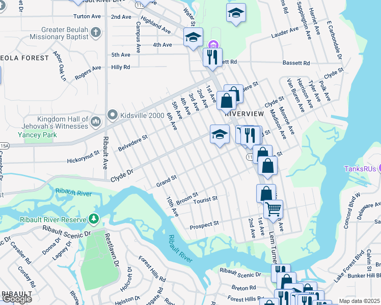 map of restaurants, bars, coffee shops, grocery stores, and more near 9031 6th Avenue in Jacksonville