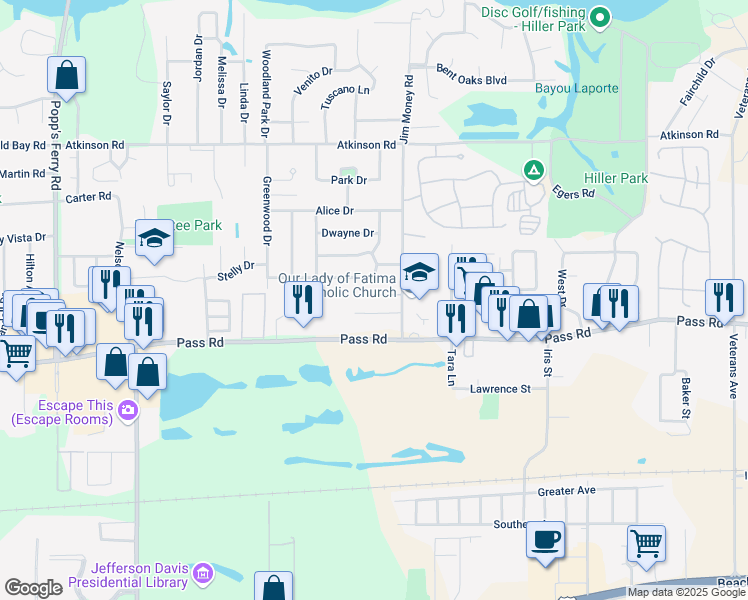 map of restaurants, bars, coffee shops, grocery stores, and more near 2110 Pass Road in Biloxi