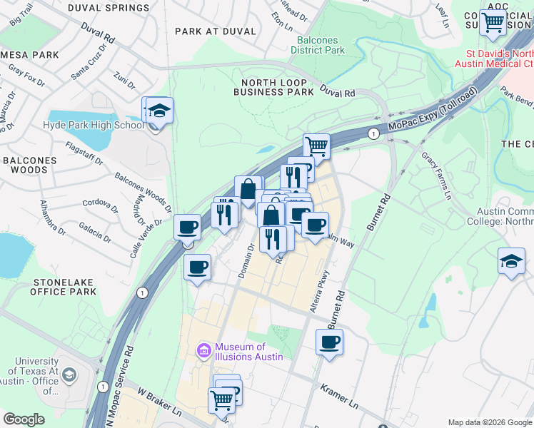 map of restaurants, bars, coffee shops, grocery stores, and more near 3200 Palm Way in Austin