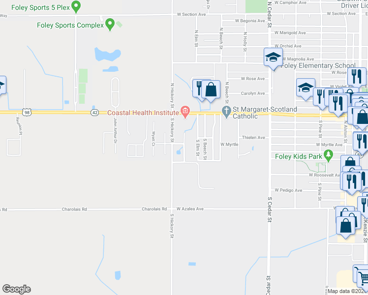 map of restaurants, bars, coffee shops, grocery stores, and more near 220 Woodsong Drive in Foley