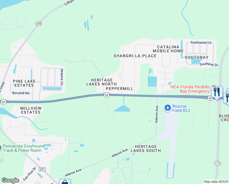 map of restaurants, bars, coffee shops, grocery stores, and more near 10113 Peppertree Court in Pensacola