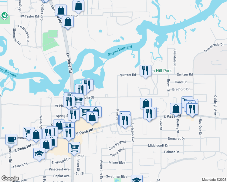 map of restaurants, bars, coffee shops, grocery stores, and more near 1301-1305 Pine St in Gulfport