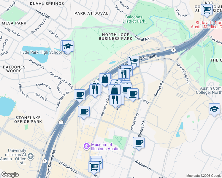 map of restaurants, bars, coffee shops, grocery stores, and more near 3200 Palm Way in Austin