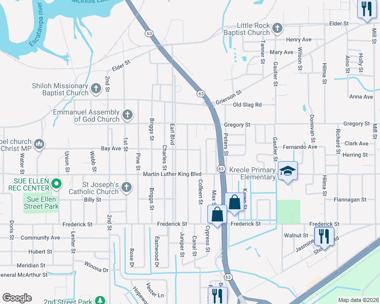 map of restaurants, bars, coffee shops, grocery stores, and more near 4312 Katie Street in Moss Point