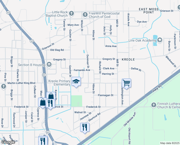 map of restaurants, bars, coffee shops, grocery stores, and more near 4306 Donovan Street in Moss Point
