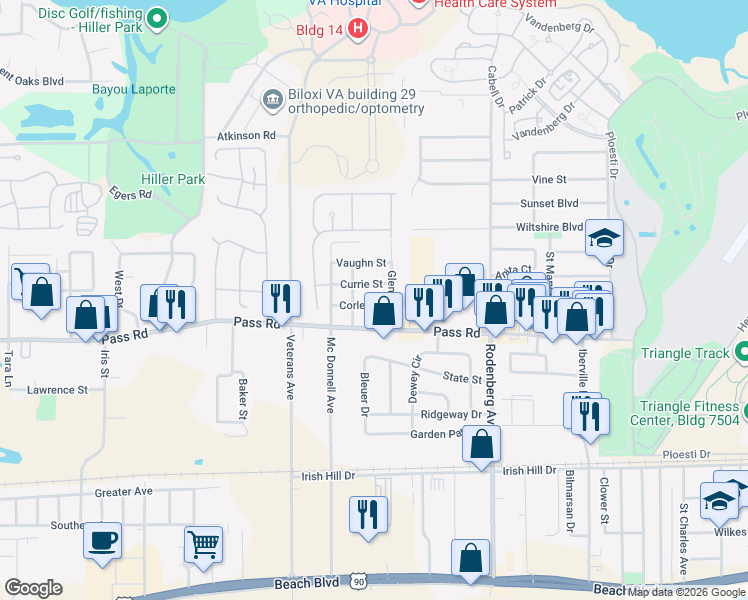 map of restaurants, bars, coffee shops, grocery stores, and more near 1777 Corley Street in Biloxi
