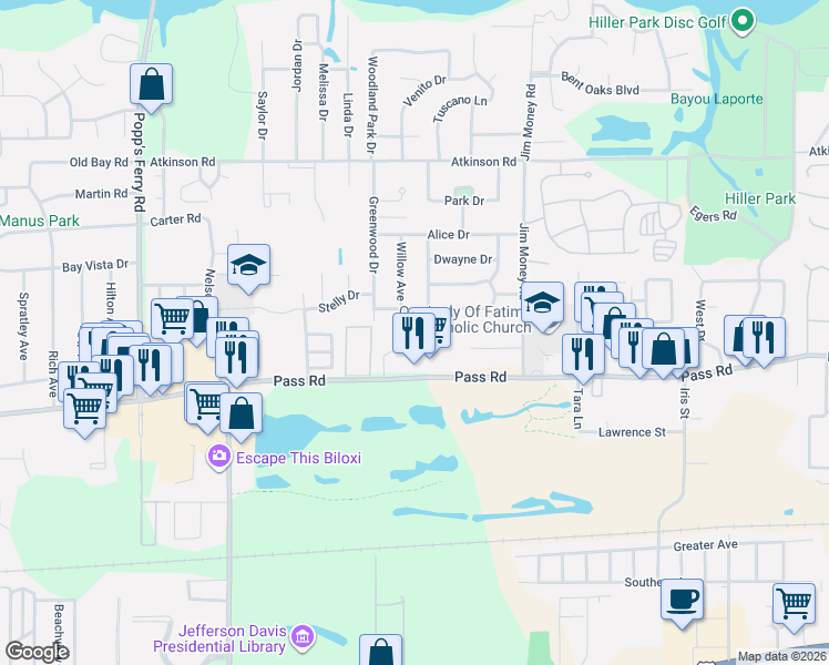 map of restaurants, bars, coffee shops, grocery stores, and more near in Biloxi