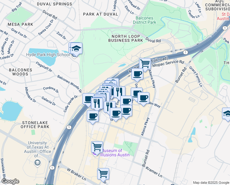 map of restaurants, bars, coffee shops, grocery stores, and more near 3400 Palm Way in Austin