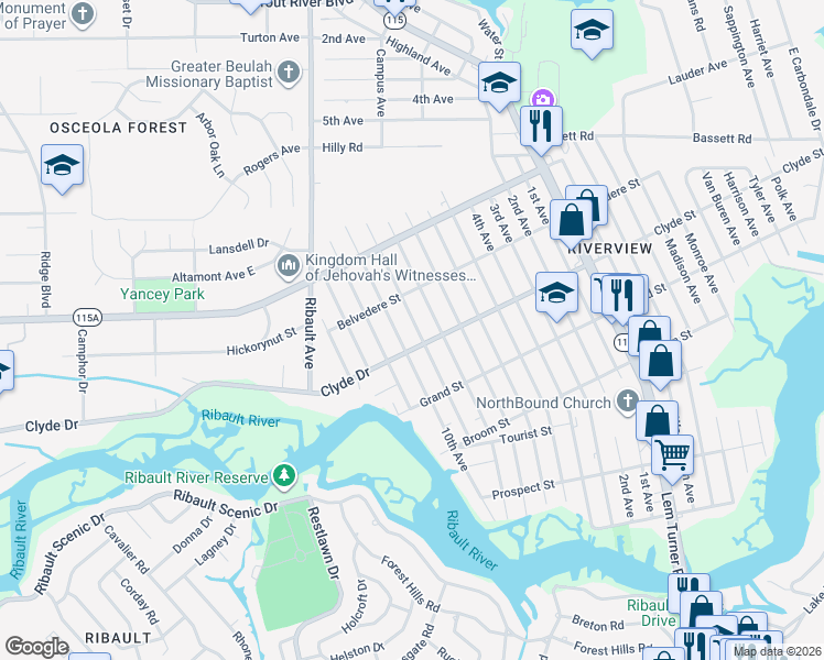 map of restaurants, bars, coffee shops, grocery stores, and more near 9126 9th Avenue in Jacksonville