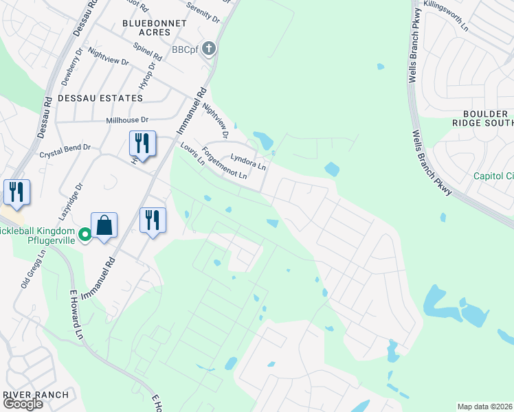 map of restaurants, bars, coffee shops, grocery stores, and more near 2601 Entrada Tranquila Way in Pflugerville