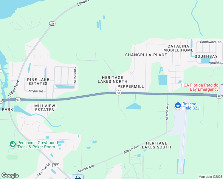 map of restaurants, bars, coffee shops, grocery stores, and more near 10142-10494 Highway 30 in Pensacola