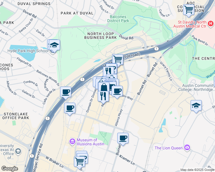 map of restaurants, bars, coffee shops, grocery stores, and more near 11711 Domain Drive in Austin