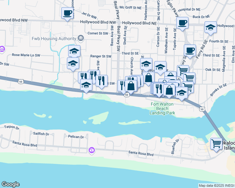 map of restaurants, bars, coffee shops, grocery stores, and more near 124 Miracle Strip Parkway in Fort Walton Beach