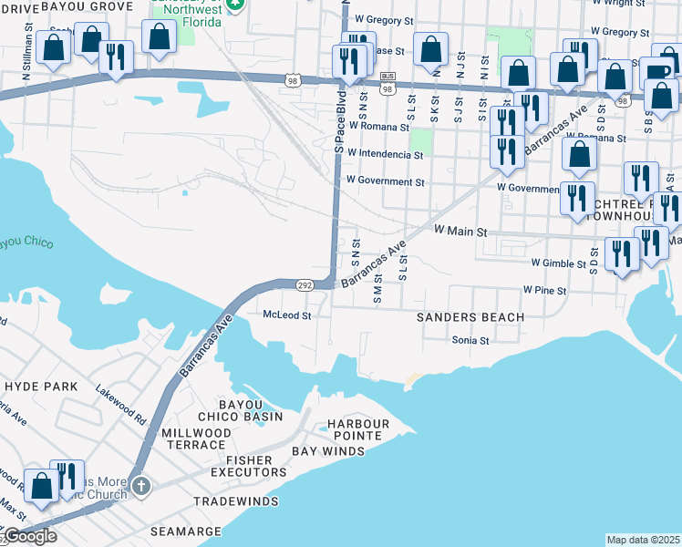 map of restaurants, bars, coffee shops, grocery stores, and more near 2004 Barrancas Avenue in Pensacola