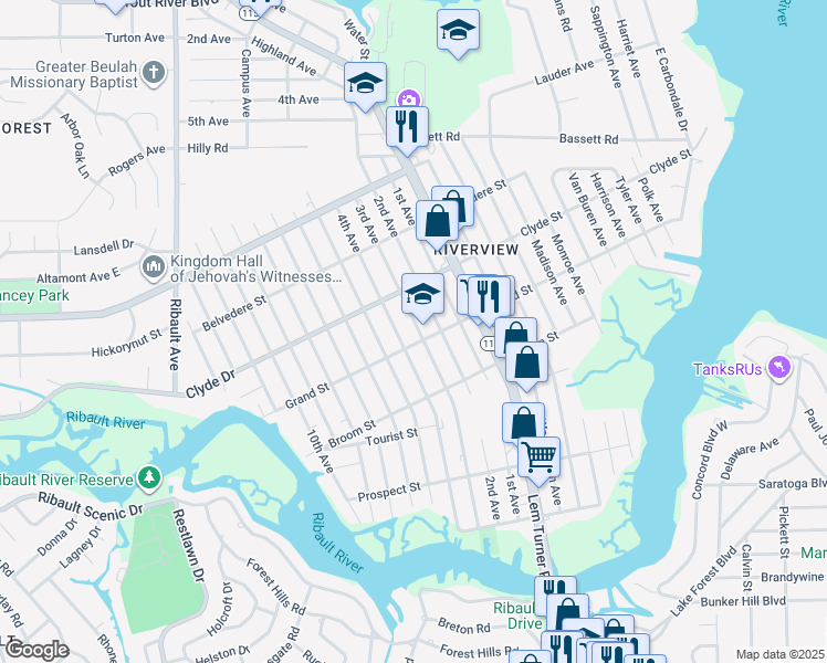 map of restaurants, bars, coffee shops, grocery stores, and more near 2207 Grand Street in Jacksonville