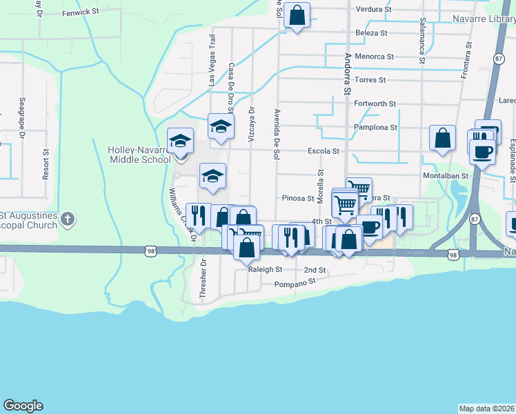 map of restaurants, bars, coffee shops, grocery stores, and more near 8095 4th Street in Navarre