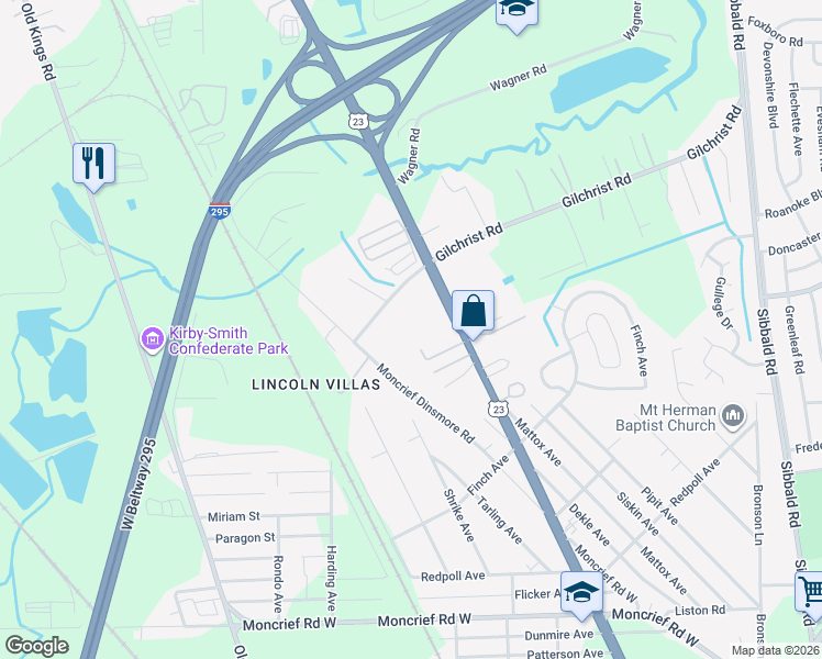 map of restaurants, bars, coffee shops, grocery stores, and more near 8359 Moncrief Dinsmore Road in Jacksonville