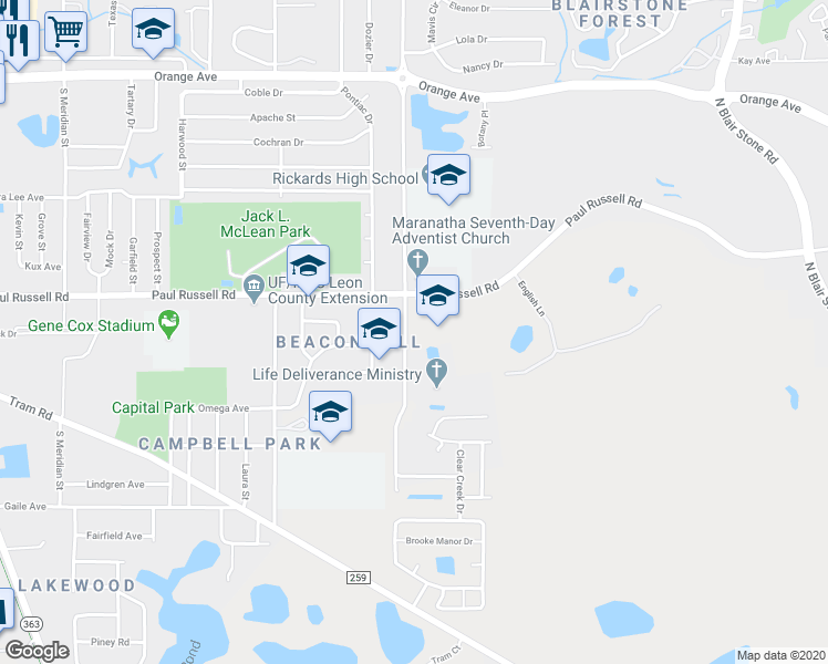 map of restaurants, bars, coffee shops, grocery stores, and more near 3216 Jim Lee Road in Tallahassee