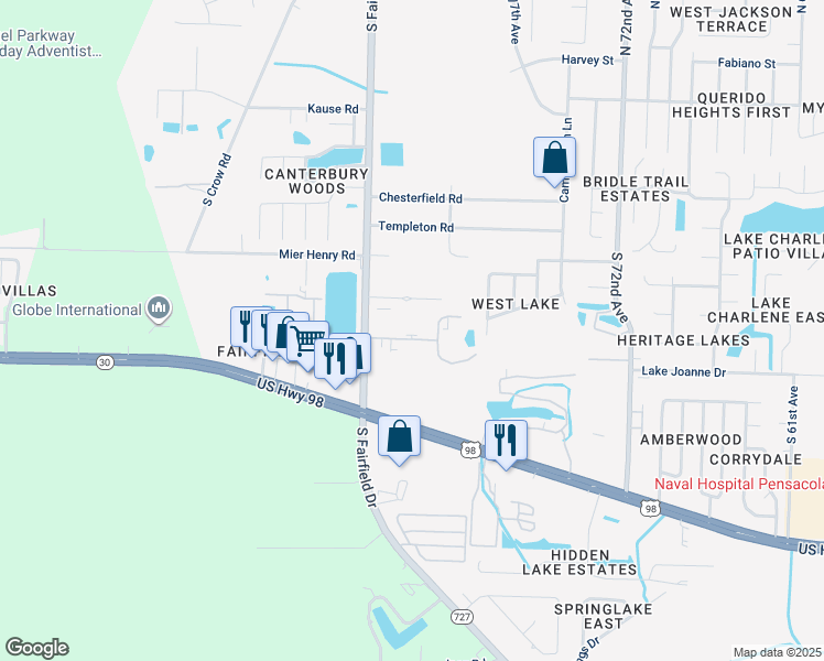 map of restaurants, bars, coffee shops, grocery stores, and more near 11 Villa Drive in Pensacola