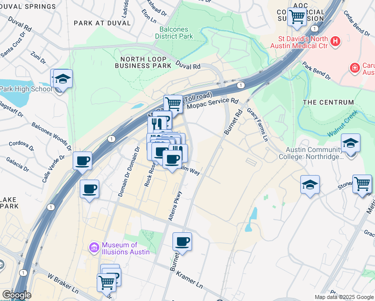 map of restaurants, bars, coffee shops, grocery stores, and more near 3001 Palm Way in Austin