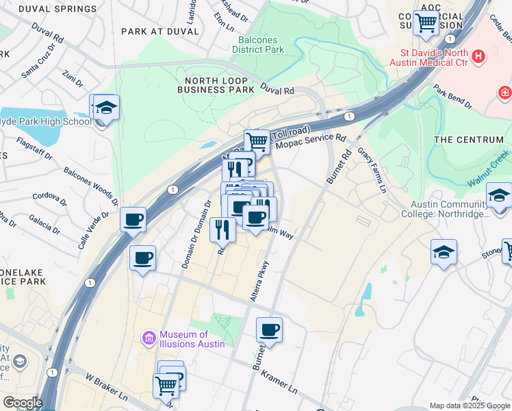 map of restaurants, bars, coffee shops, grocery stores, and more near 138 Domain Boulevard in Austin
