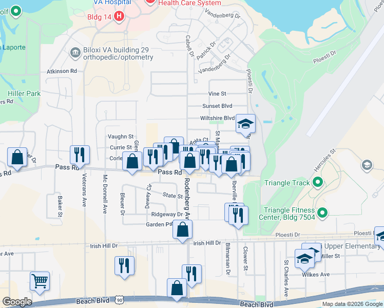 map of restaurants, bars, coffee shops, grocery stores, and more near 304 Rodenberg Avenue in Biloxi