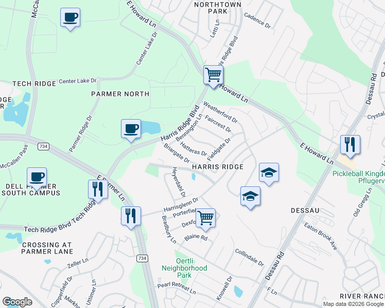 map of restaurants, bars, coffee shops, grocery stores, and more near 1115 Briargate Drive in Austin
