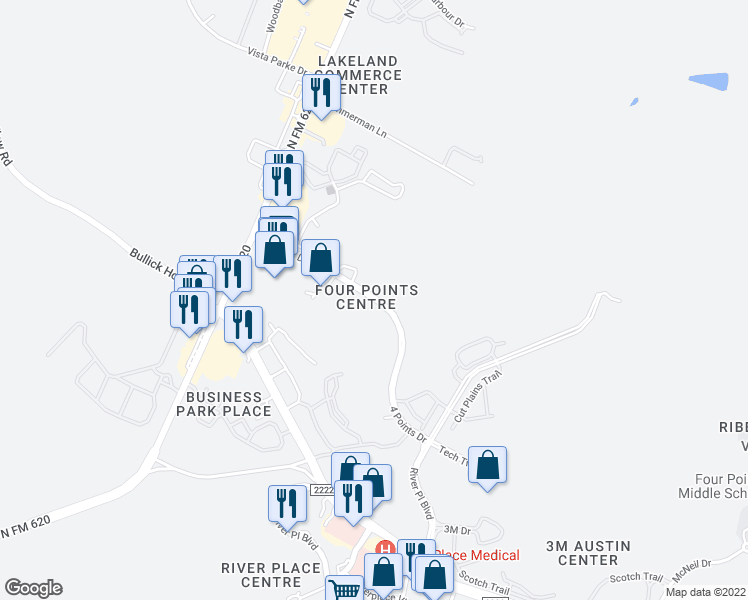 map of restaurants, bars, coffee shops, grocery stores, and more near 4 Points Drive in Austin