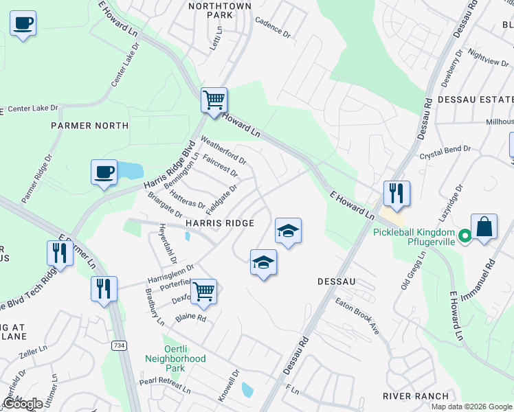 map of restaurants, bars, coffee shops, grocery stores, and more near 13207 Kenswick Drive in Austin