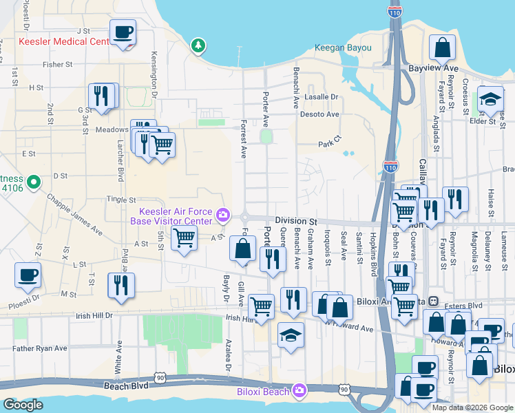 map of restaurants, bars, coffee shops, grocery stores, and more near 1076 Division Street in Biloxi