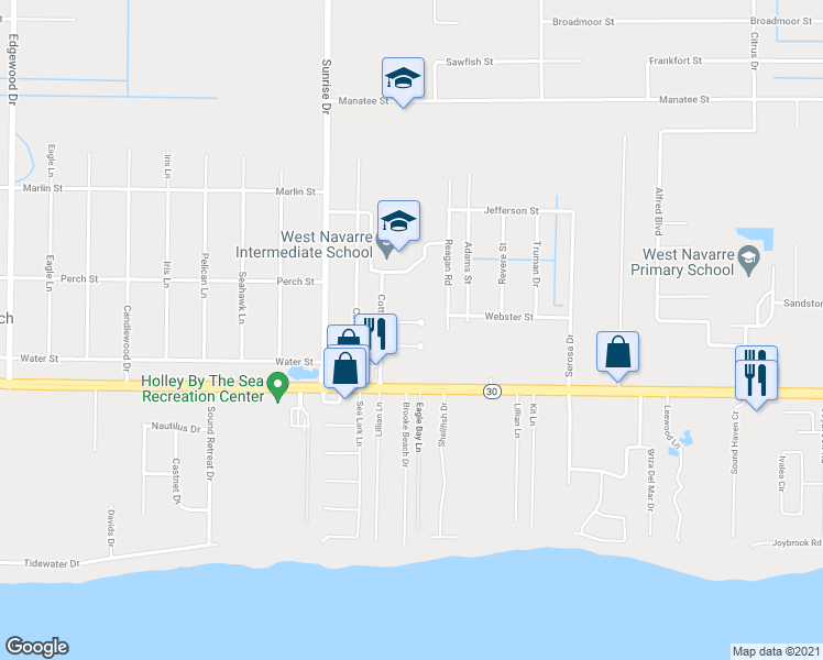 map of restaurants, bars, coffee shops, grocery stores, and more near 6949 Elliots Gin Lane in Navarre