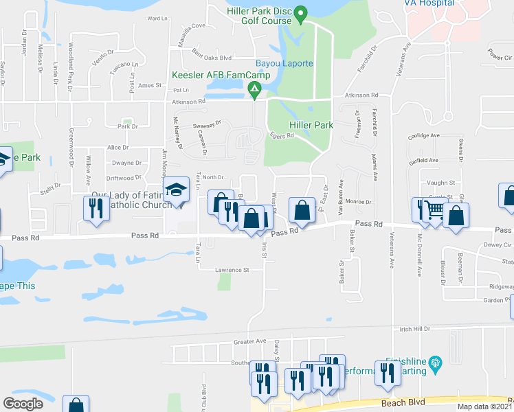 map of restaurants, bars, coffee shops, grocery stores, and more near 383 Belvedere Circle in Biloxi