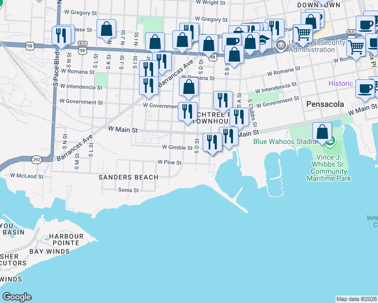 map of restaurants, bars, coffee shops, grocery stores, and more near 745 South E Street in Pensacola