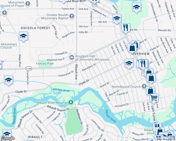 map of restaurants, bars, coffee shops, grocery stores, and more near 9115 11th Avenue in Jacksonville