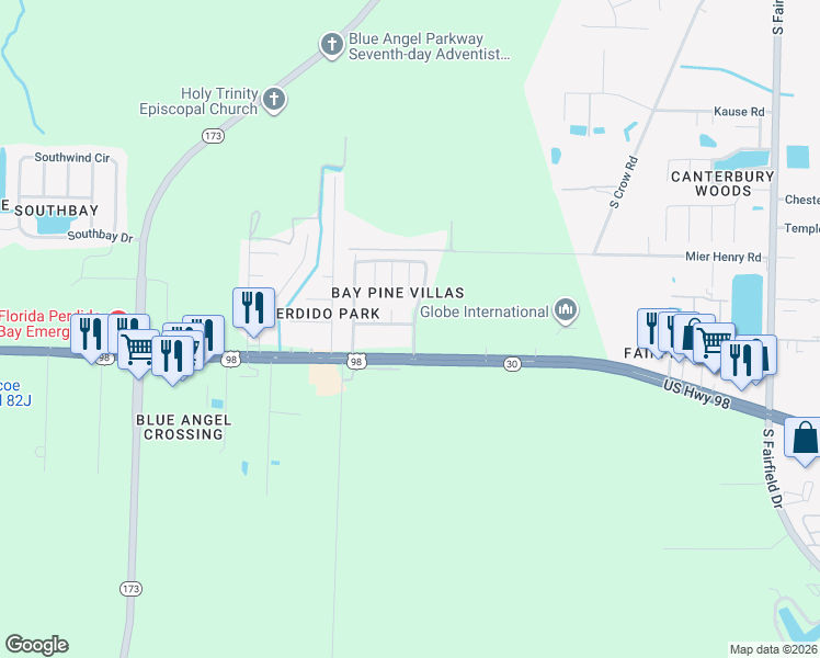 map of restaurants, bars, coffee shops, grocery stores, and more near 8901 Forest Oak Drive in Pensacola