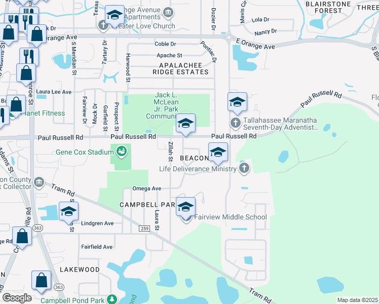 map of restaurants, bars, coffee shops, grocery stores, and more near 805 Bahama Drive in Tallahassee