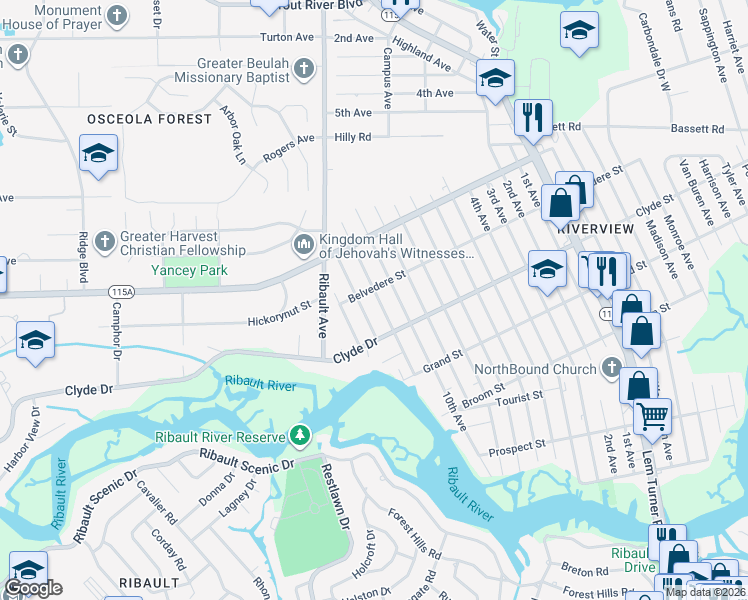map of restaurants, bars, coffee shops, grocery stores, and more near 9115 11th Avenue in Jacksonville